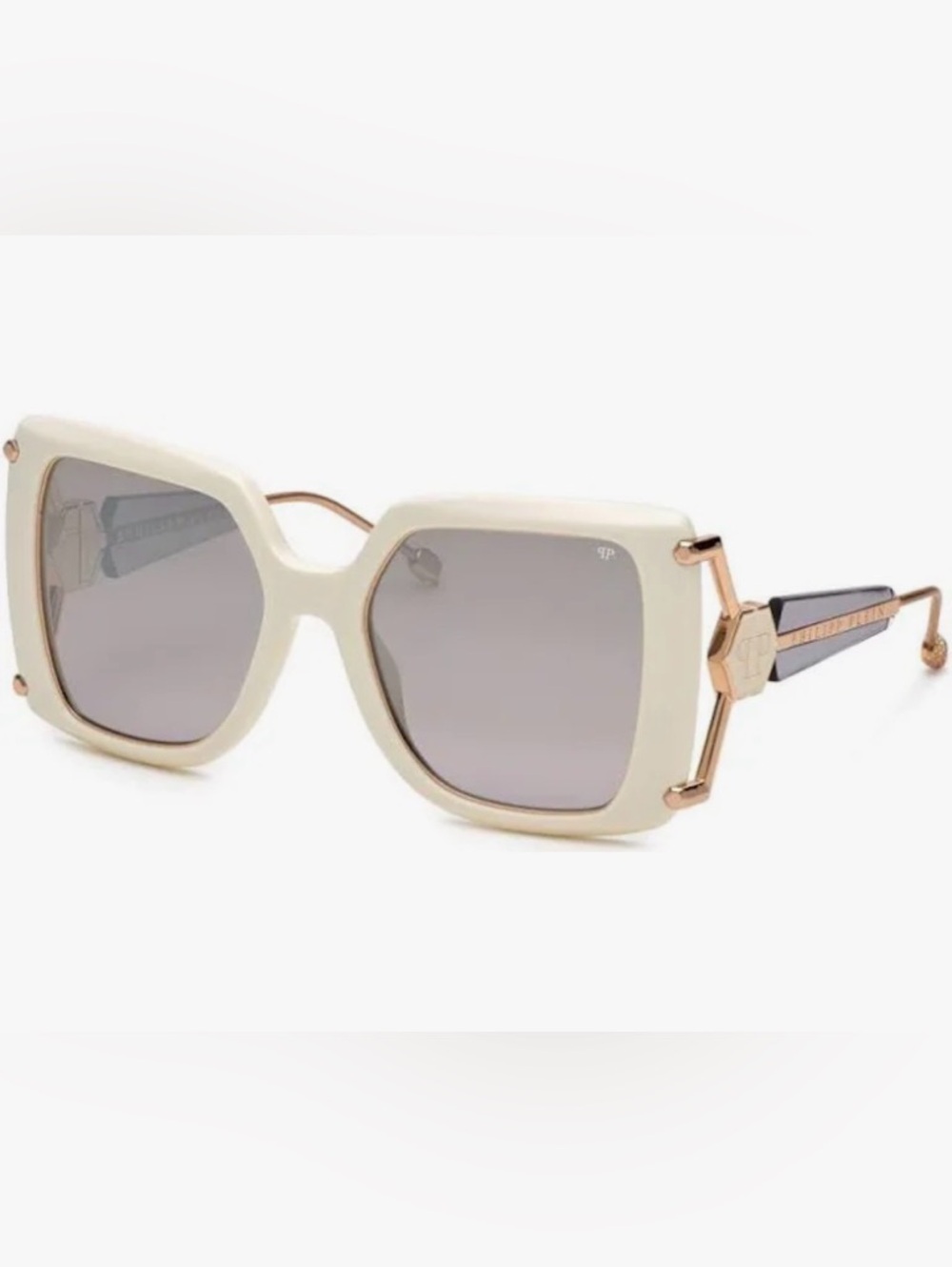 Philipp Plein Cream Square Sunglasses with Gold Accents and Gray Lenses w/ Case